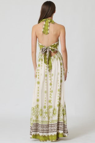 Halter V-neck Ethnic Print Maxi Dress