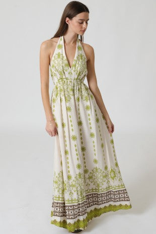 Halter V-neck Ethnic Print Maxi Dress