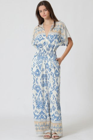 Kimono Sleeve Border Print Jumpsuit