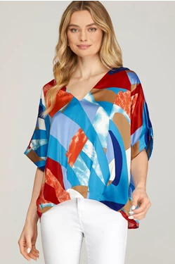 SHORT SLEEVE V NECK PRINT SATIN TOP