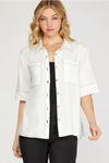 HALF SLEEVE CONTRAST STITCH BUTTON DOWN WOVEN COLLARED SHIRT