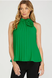 ROSETTE HALTER NECK PLEATED WOVEN TOP