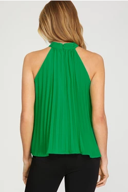 ROSETTE HALTER NECK PLEATED WOVEN TOP