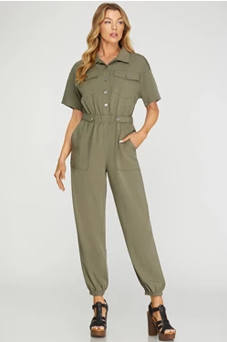 SHORT SLEEVE WOVEN DROP SHOULDER COLLARED SHIRT JUMPSUIT