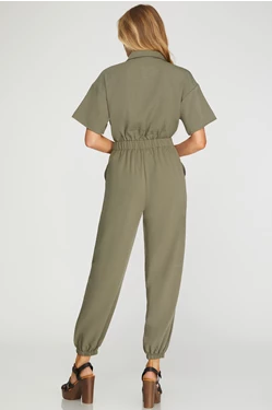 SHORT SLEEVE WOVEN DROP SHOULDER COLLARED SHIRT JUMPSUIT