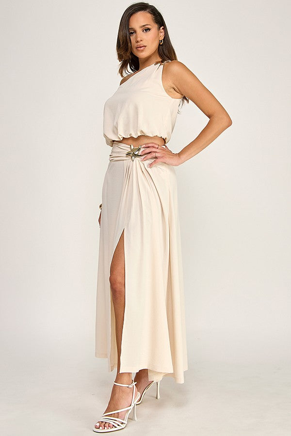 Sleeveless One Shoulder Top and Midi Skirt Set with Gold Starfish Trim