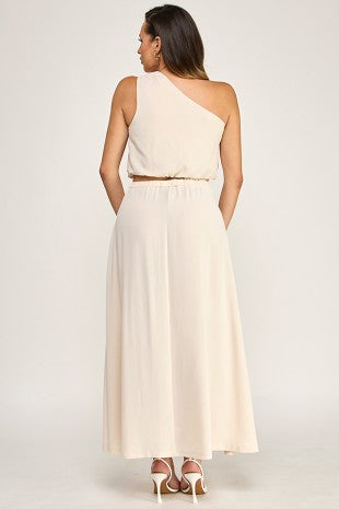 Sleeveless One Shoulder Top and Midi Skirt Set with Gold Starfish Trim