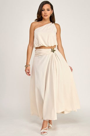 Sleeveless One Shoulder Top and Midi Skirt Set with Gold Starfish Trim