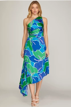 ONE SHOULDER PLEATED ASYMMETRICAL PRINTED WOVEN DRESS