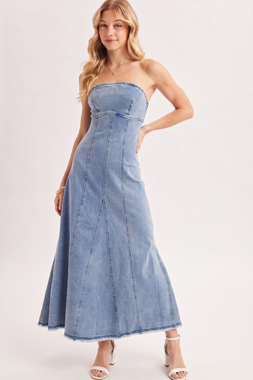 Strapless Raw-edge Denim Maxi Dress