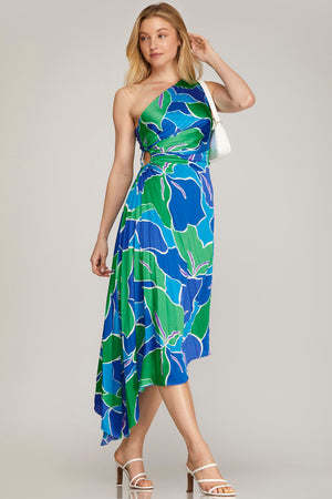 ONE SHOULDER PLEATED ASYMMETRICAL PRINTED WOVEN DRESS