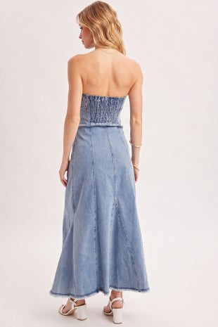 Strapless Raw-edge Denim Maxi Dress