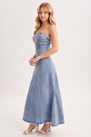 Strapless Raw-edge Denim Maxi Dress