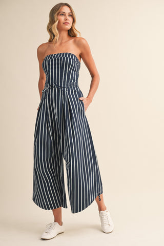 Strapless Stripe Wide-leg Jumpsuit With Side Strings