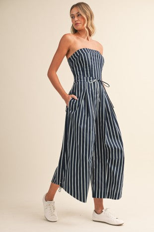 Strapless Stripe Wide-leg Jumpsuit With Side Strings
