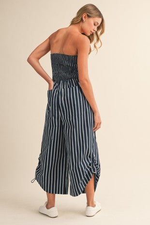 Strapless Stripe Wide-leg Jumpsuit With Side Strings