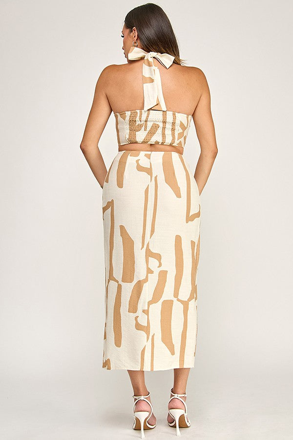 Neck Trim Detail Halter Neck Crop Top with Midi Skirt Set