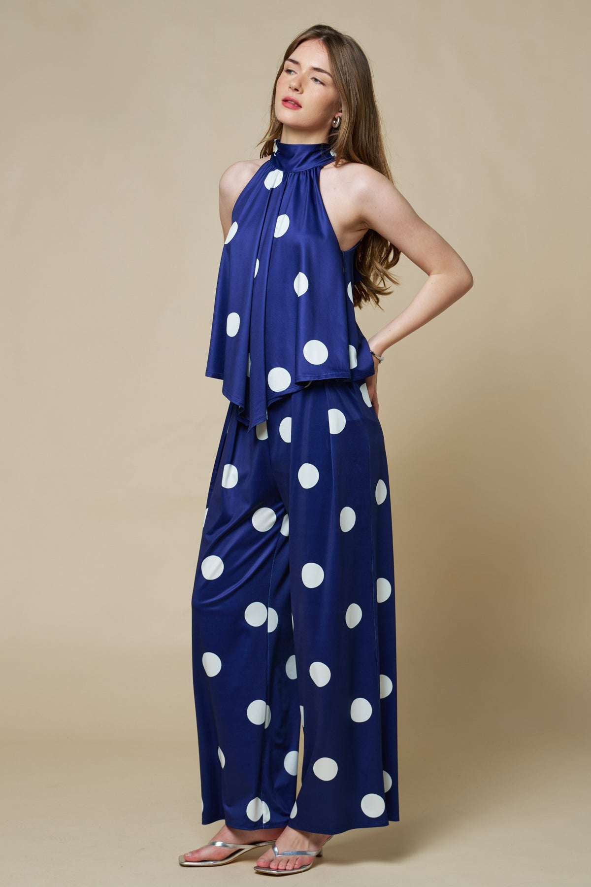 Polka Dot High Neck Sleeveless Top And Barrel Pant Set