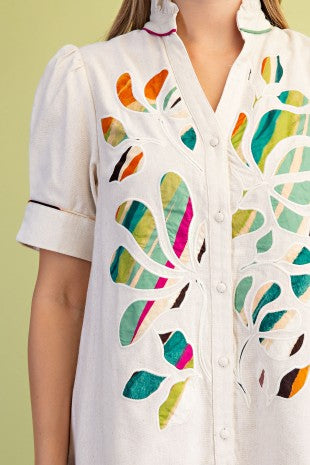 Linen V-Neck Mini Dress with Printed Embroidered Appliqué Design Detail