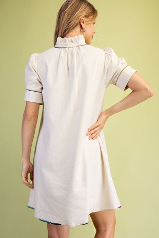 Linen V-Neck Mini Dress with Printed Embroidered Appliqué Design Detail