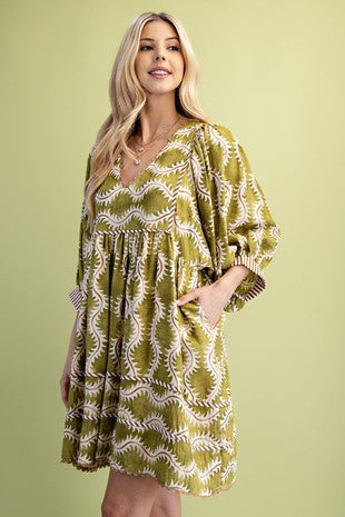 Printed V-Neck Mini Dress with Striped Binding and Ric-Rac Trim Details