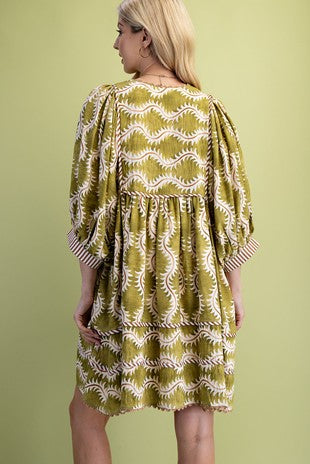 Printed V-Neck Mini Dress with Striped Binding and Ric-Rac Trim Details