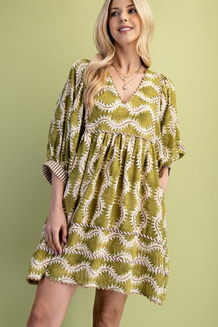 Printed V-Neck Mini Dress with Striped Binding and Ric-Rac Trim Details