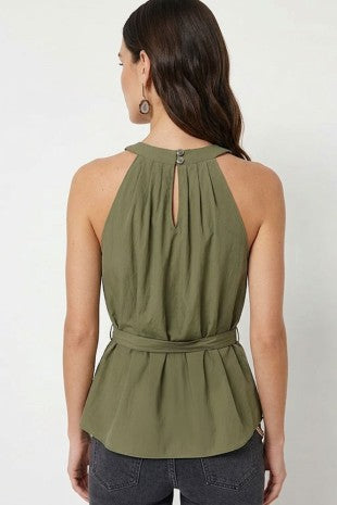 Belted Pleated Neck Sleeveless Top