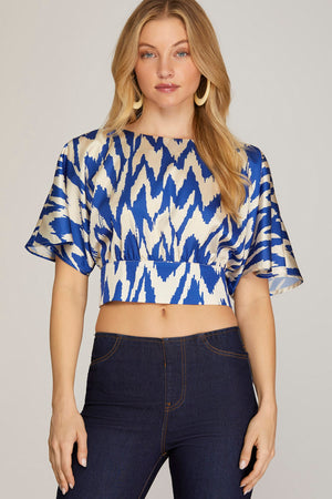 HALF DOLMAN SLEEVE PRINTED SATIN TOP WITH BACK OPEN AND TIE DETAIL