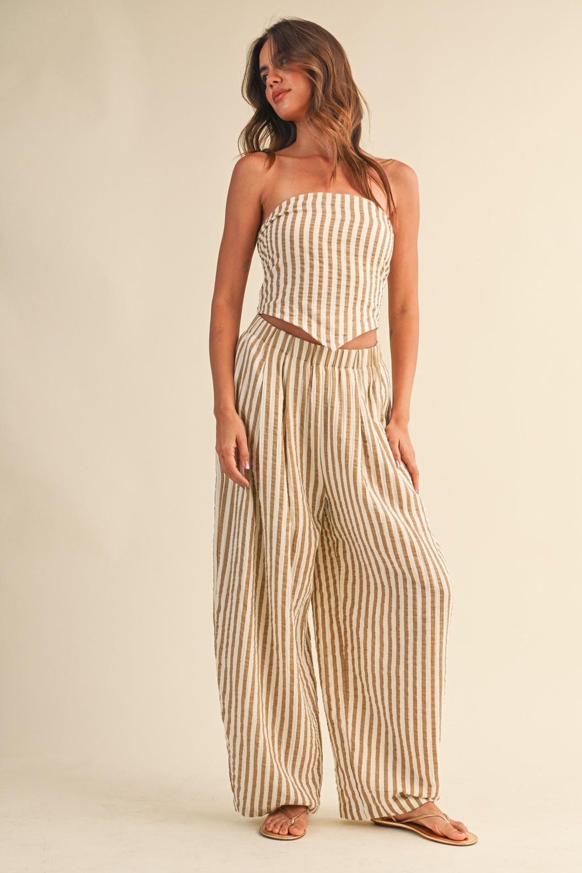 Striped Smocked Back Tie Handkercheif Top And Barrel Pants