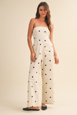 Polkadot Stretch Twill Strapless Wide Leg Jumpsuit