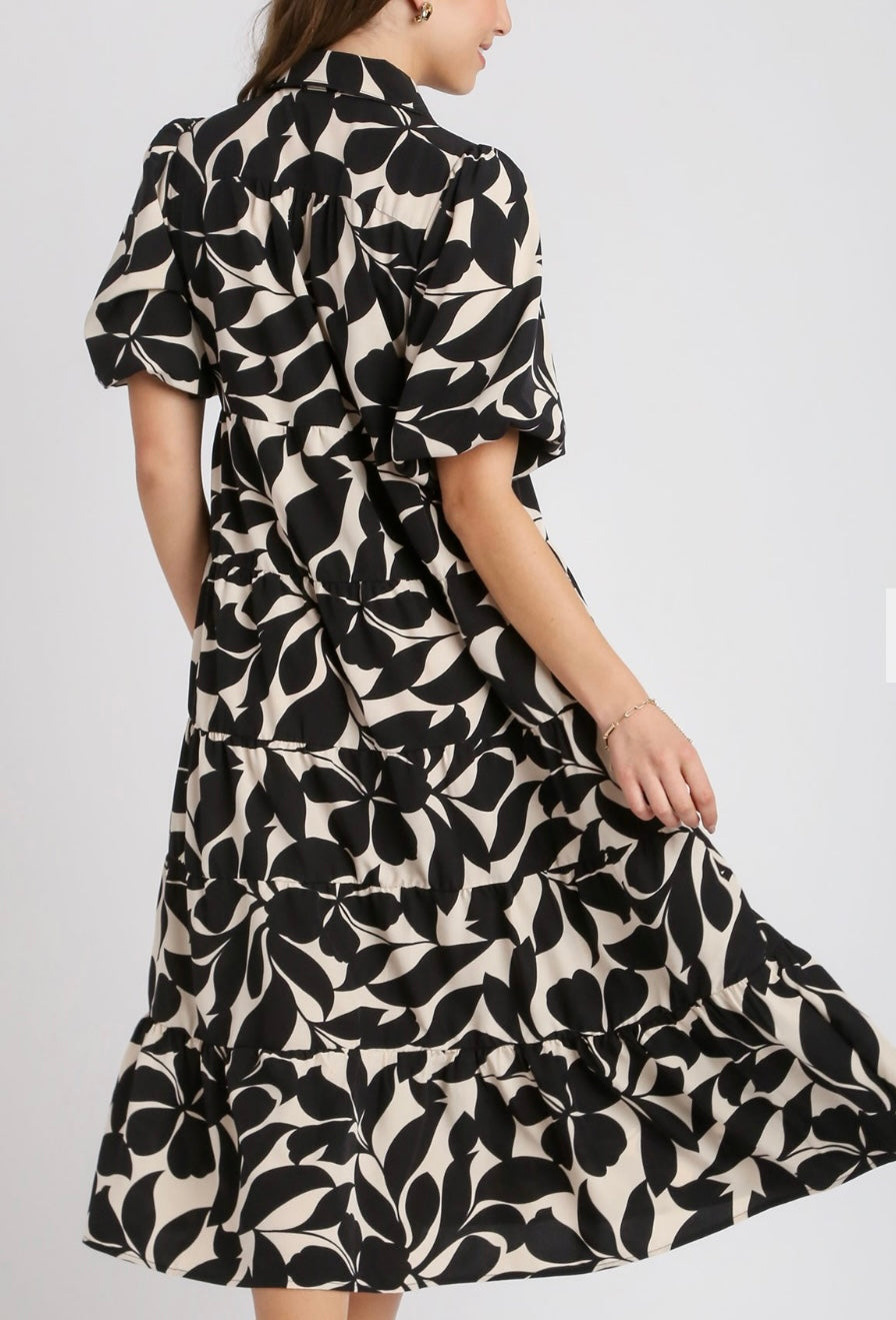 Two Tone Floral Print Collared A-Line Tiered Puff Sleeves Midi Dress