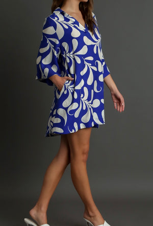 Crinkle Two Tone Print Collared Dress with 3/4 Wide Sleeves
