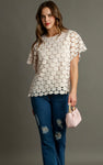 Polka Dot Lace Shift Boxy Cut Short Sleeve Top with Back Button Keyhole