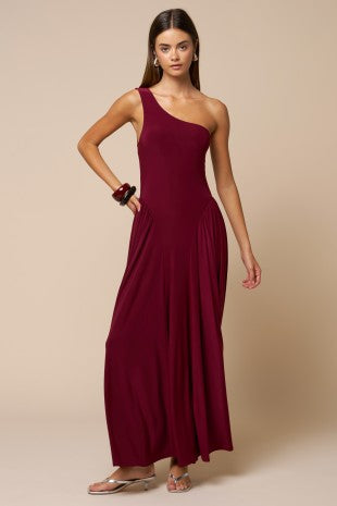 One Shoulder Fit & Flare Maxi Dress W/gathered Waist
