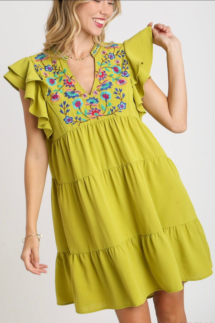 Embroidery Split Neck Tiered A-Line Dress with Short Double Ruffle Sleeves