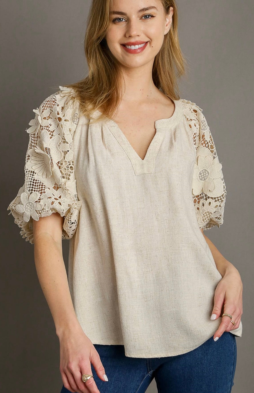 Linen Boxy Cut Split Neck Top with Short 3D Floral Lace Contrast Puff Sleeve