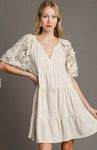 Linen Tiered A-Line Dress with 3D Floral Lace Contrast Sleeve