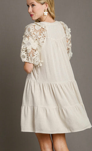 Linen Tiered A-Line Dress with 3D Floral Lace Contrast Sleeve