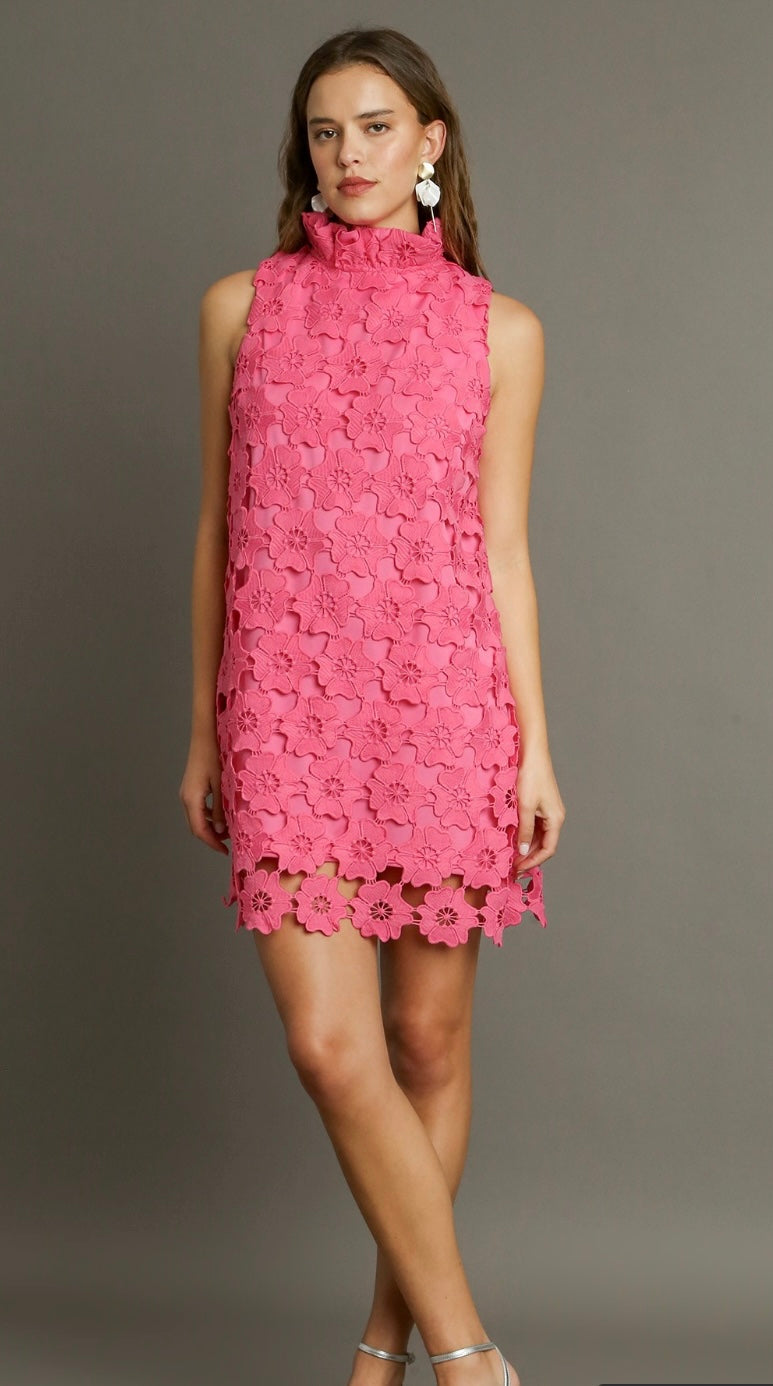 Floral Lace High Neck Sleeveless Dress with Back Bow Tie