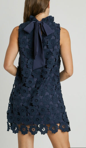 Floral Lace High Neck Sleeveless Dress with Back Bow Tie