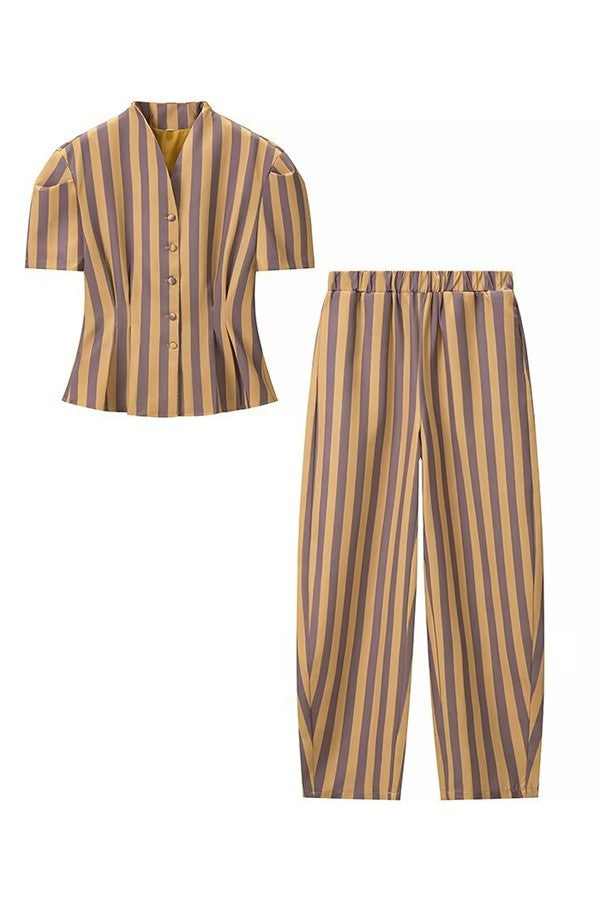 Striped V-neck Top And Pants Set