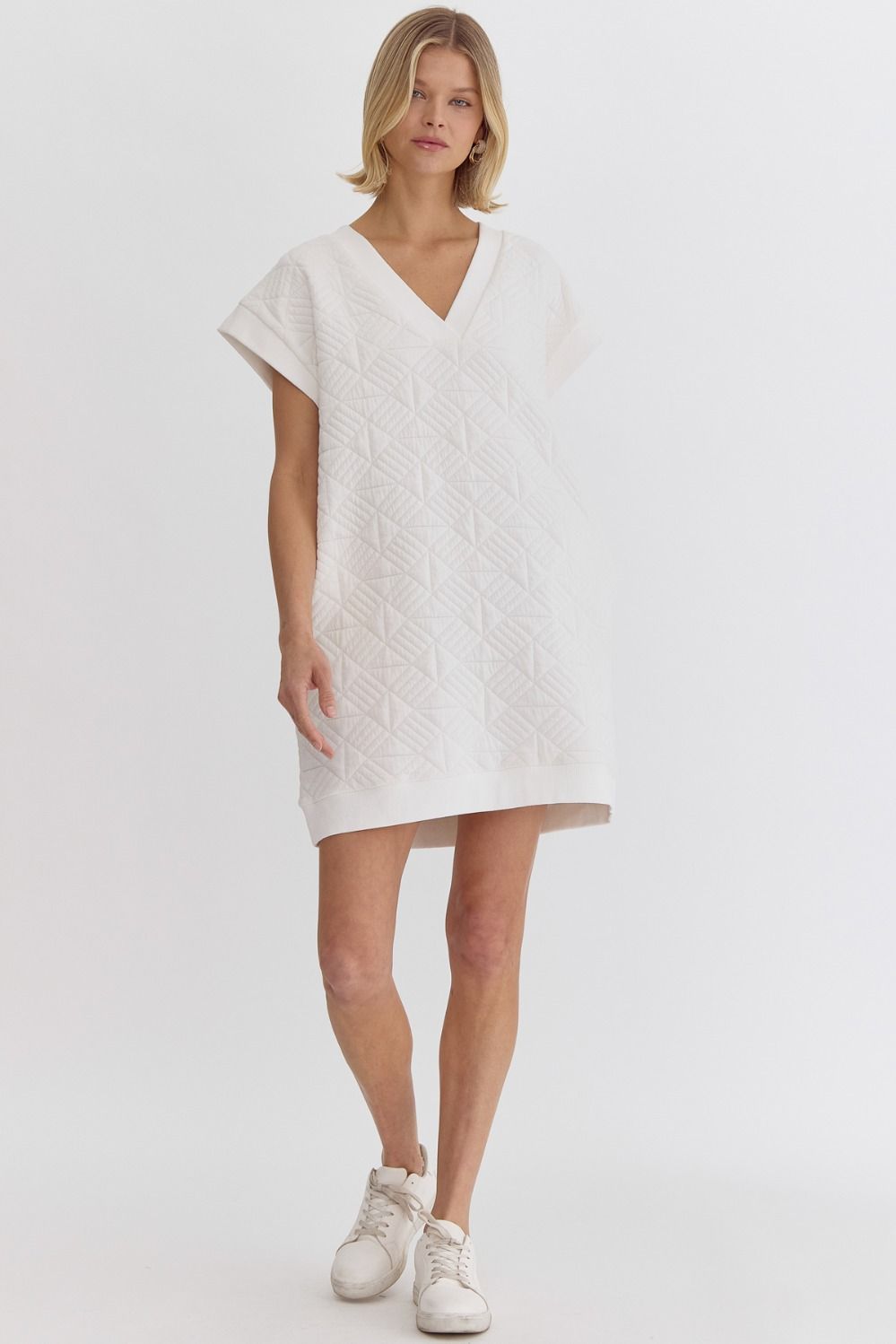 Textured solid v-neck short sleeve mini dress