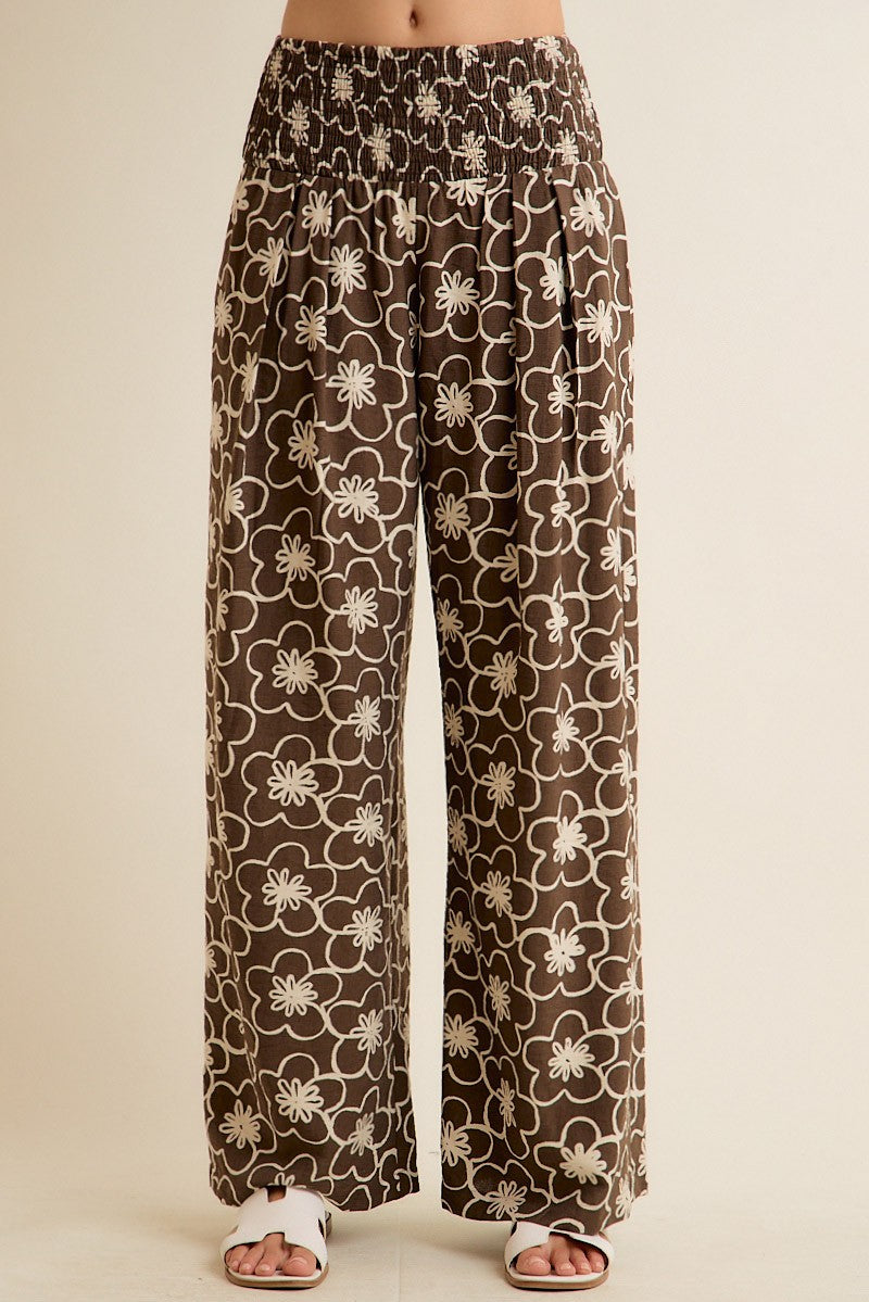 Floral Print Smocked Waist Pocket Wide Leg Pants