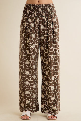 Floral Print Smocked Waist Pocket Wide Leg Pants