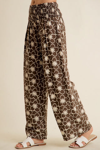 Floral Print Smocked Waist Pocket Wide Leg Pants