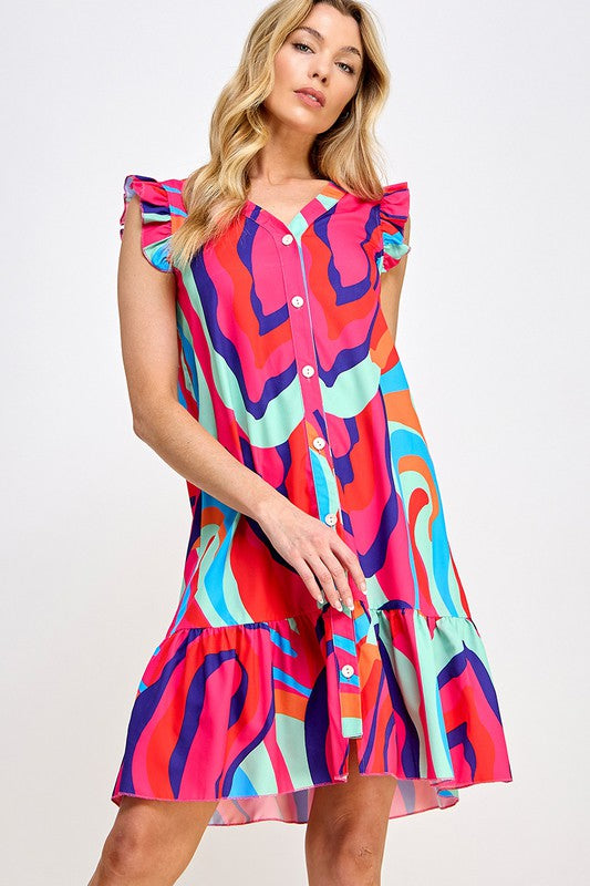 Multi-color Allover Print Smock Dress