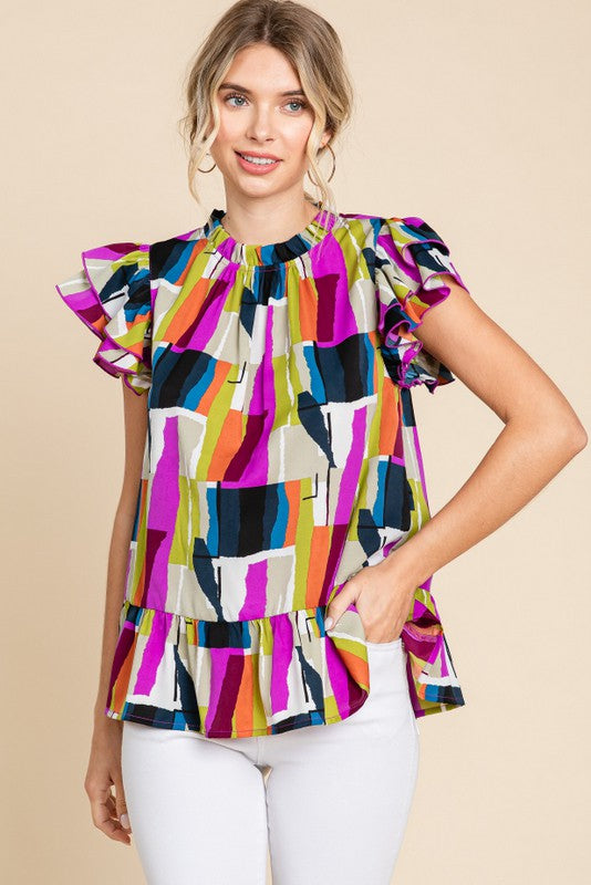 Abstract Print Top with Ruffle