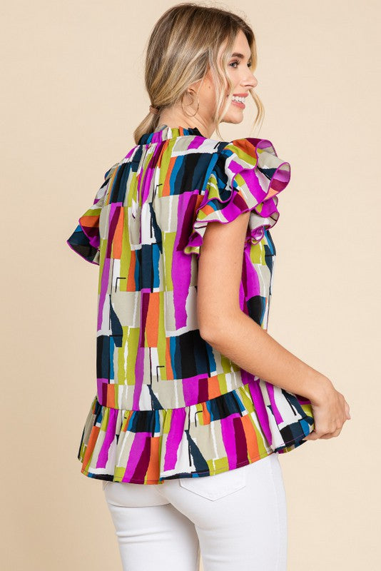 Abstract Print Top with Ruffle