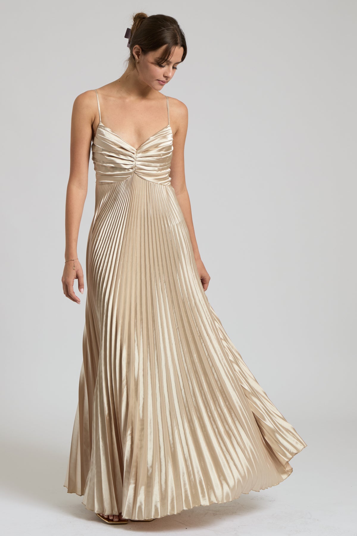 Ruched Bust Pleated Satin Maxi Dress